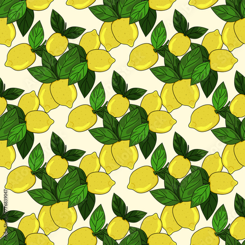 Tropical seamless background with yellow lemons. Hand drawn fruity limonnia repeating background in doodle style.Design for printing on fabrics  holiday and confectionery packaging  wallpaper wrapping