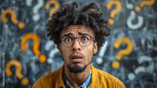 A young man appears puzzled or in deep thought against a background full of question marks. 