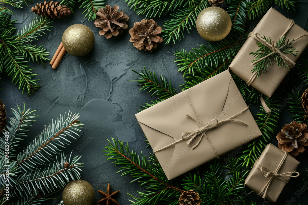 Christmas presents wrapped in brown paper and tied with twin Christmas presents wrapped in brown paper and tied with twin