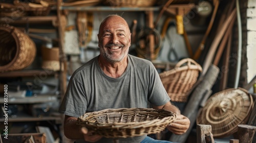 a smiling man with a wicker basket in his hands standing in his workshop photo