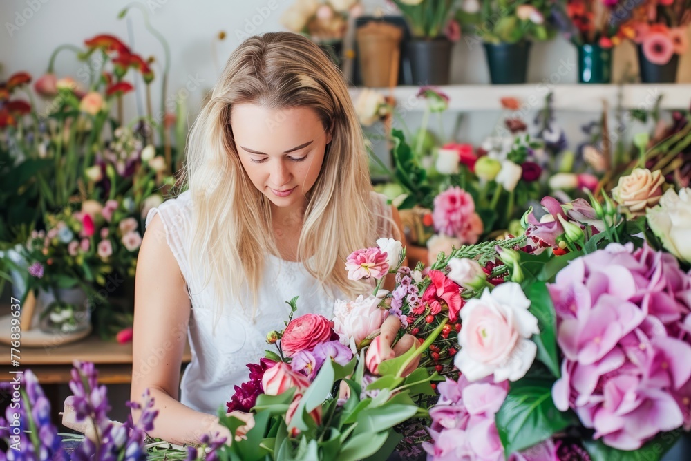 Florist in Apron Arranging Fresh Pink Roses and White Flowers in a Bright Shop