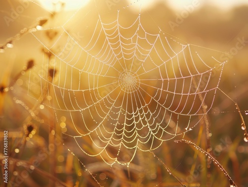 Delicate webs glisten with morning dew, a spider's intricate trap adorned with nature's jewels photo