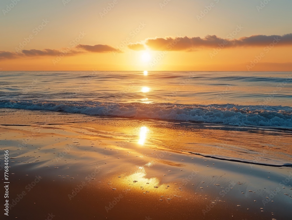 Beach sunset over the sea with orange sky, waves, and reflection