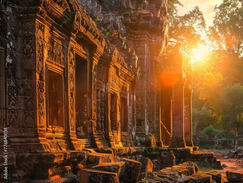 Dark ruins of ancient Cambodian temple with stone Buddha statue amidst the historic Angkor city photo