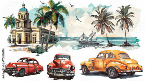 Cuba-themed hand-drawn illustrations isolated on white background
