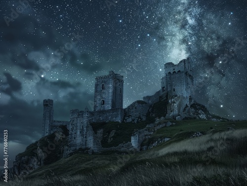Medieval castle stands tall under the night sky with ancient architecture surrounded by nature and history photo