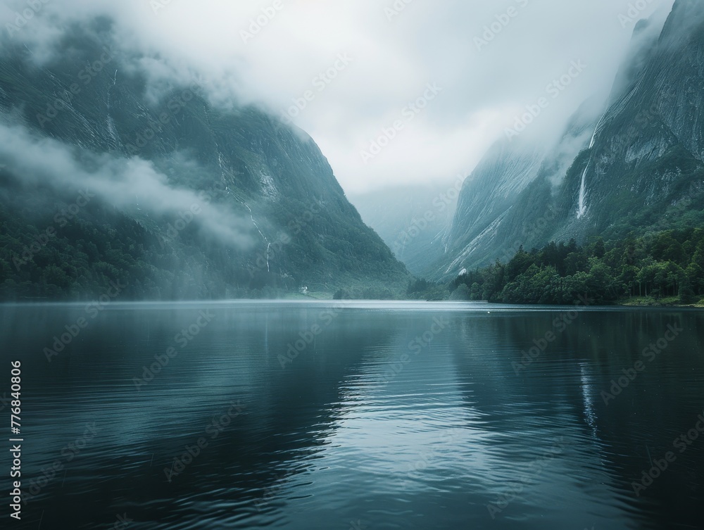 Scenic mountain lake reflects snow-capped peaks under a cloudy sky, with fog clinging to the river and lake surface