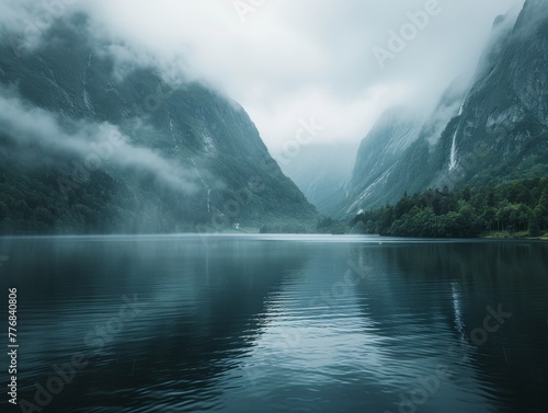 Scenic mountain lake reflects snow-capped peaks under a cloudy sky, with fog clinging to the river and lake surface photo