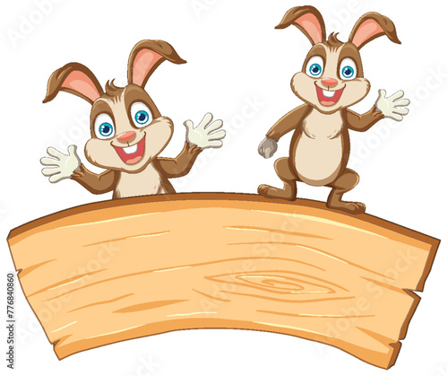 Two cheerful rabbits standing behind a blank sign.