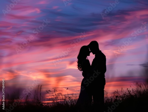 Silhouette of a parent and child standing together as the sun sets paints the sky in vibrant colors