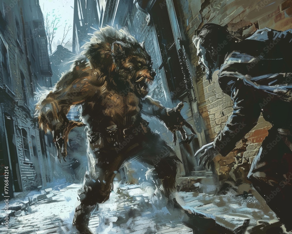 Werewolf versus vampire in a Victorian London alley
