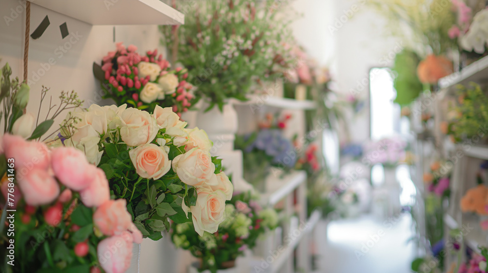 Closeup of a beautiful bouquet of pink and white roses with green leaves in a flower shop with blurred background