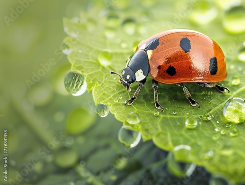 A tiny red ladybug with black spots explores a bright green leaf photo