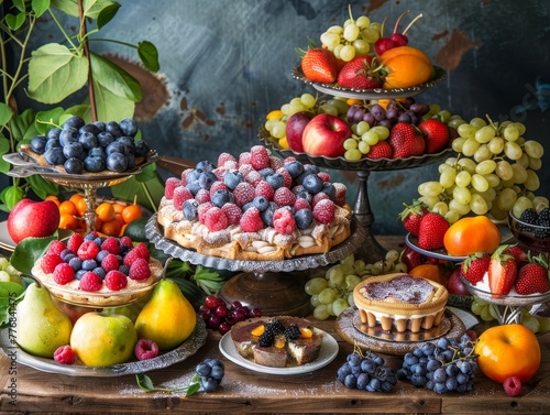 A colorful basket overflowing with fresh  ripe fruits like apples and grapes