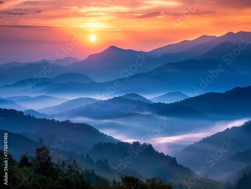 Majestic mountain landscape bathed in the golden hues of sunrise, with wispy fog clinging to the peaks