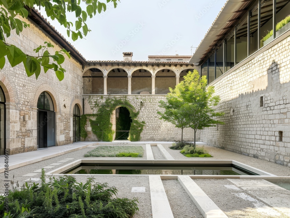 A historic European city courtyard with a touch of sky, blending architecture and garden beauty