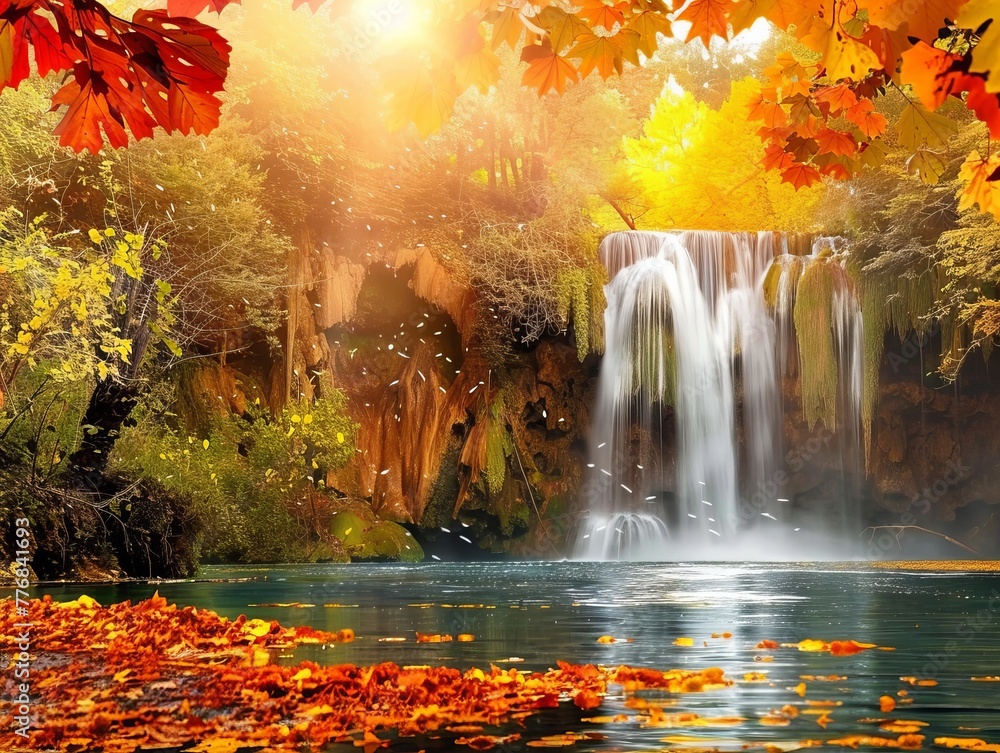 A cascading waterfall tumbles amidst vibrant autumn leaves in a scenic park
