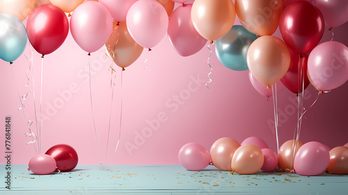 Birthday background with balloons  gold and pink  large copyspace area