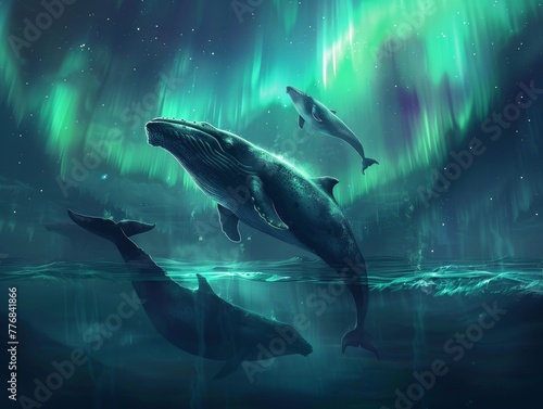Whales dancing under the aurora borealis