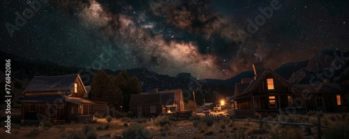 Wild West ghost town under a starry night photo