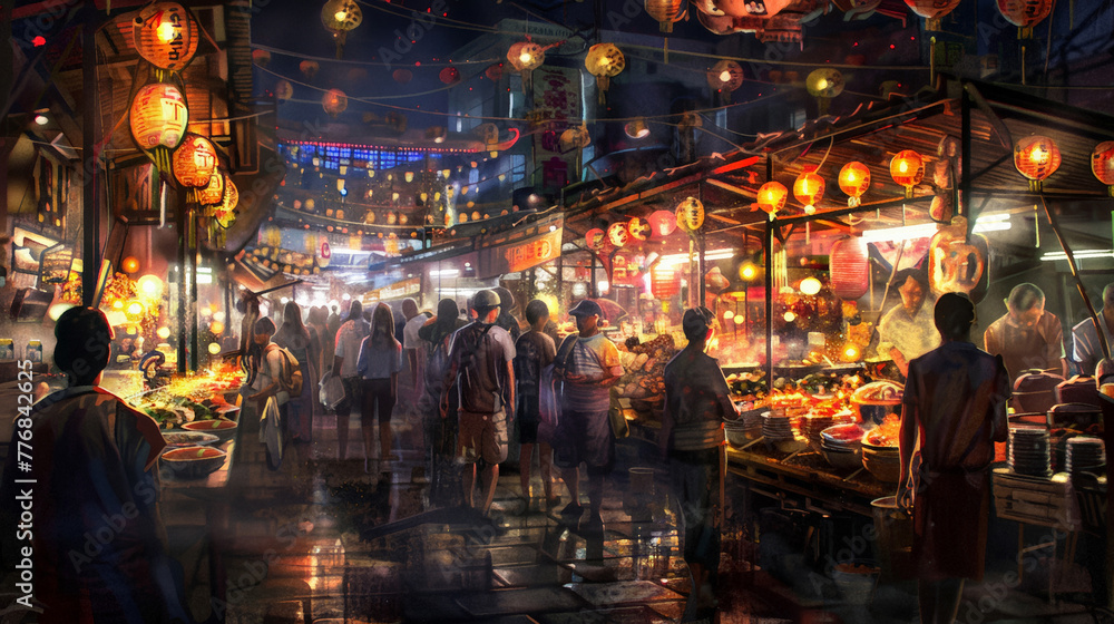 Digital art of bustling Asian street food night market