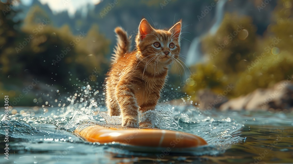 Obraz premium Ginger kitten standing on a paddleboard, navigating the tranquil waters with ease no grunge, no splash, no dust, high resolution, 3D render