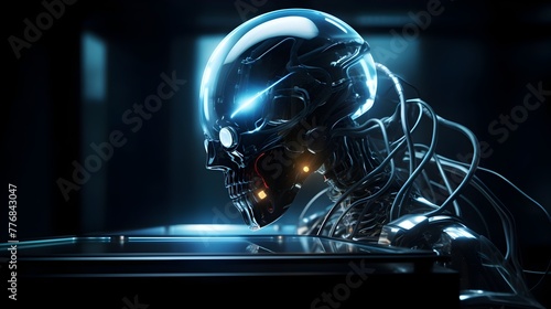 Cybernetic Alien in Futuristic Science Lab with Advanced Robotics and Wired Vacuum Tubes