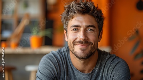 A young man with a charming smile poses casually in a cafe environment.