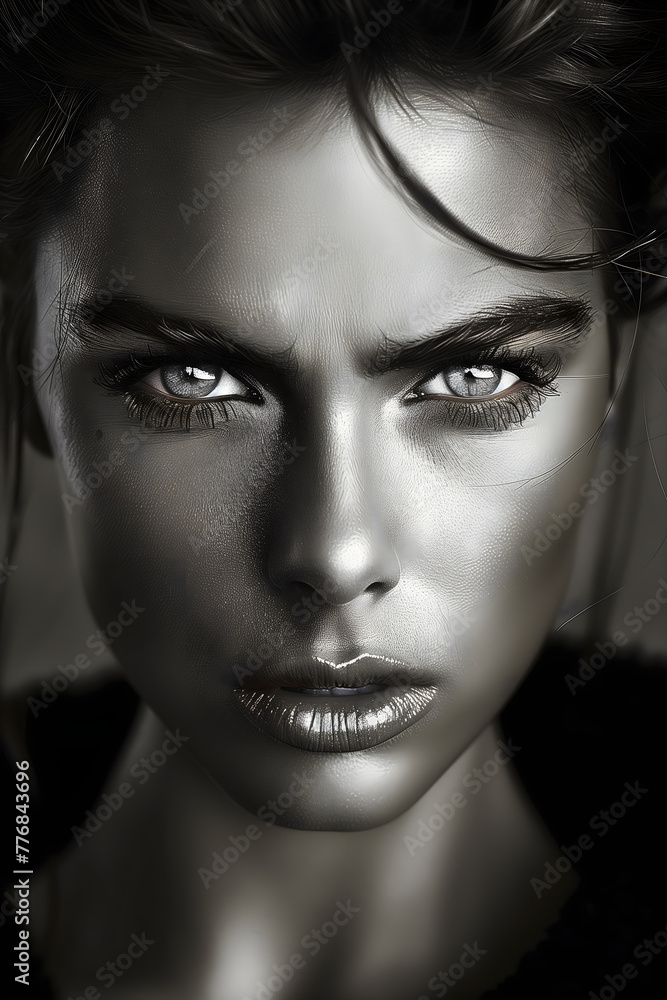 captivating studio shot of a female model with intense eyes, black and white portrait captivating studio shot of a female model with intense eyes, black and white portrait