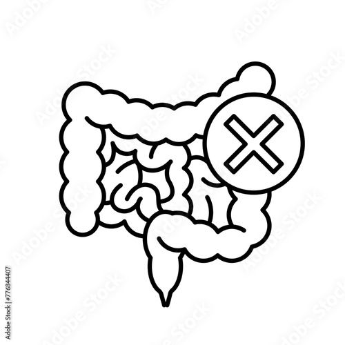 Intestine problems, linear icon. The human intestines of with a cross mark. Linear illustration, thin line, editable stroke. Infographic symbol.