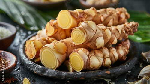 Fresh galangal root, key spice in Southeast Asian cuisine photo