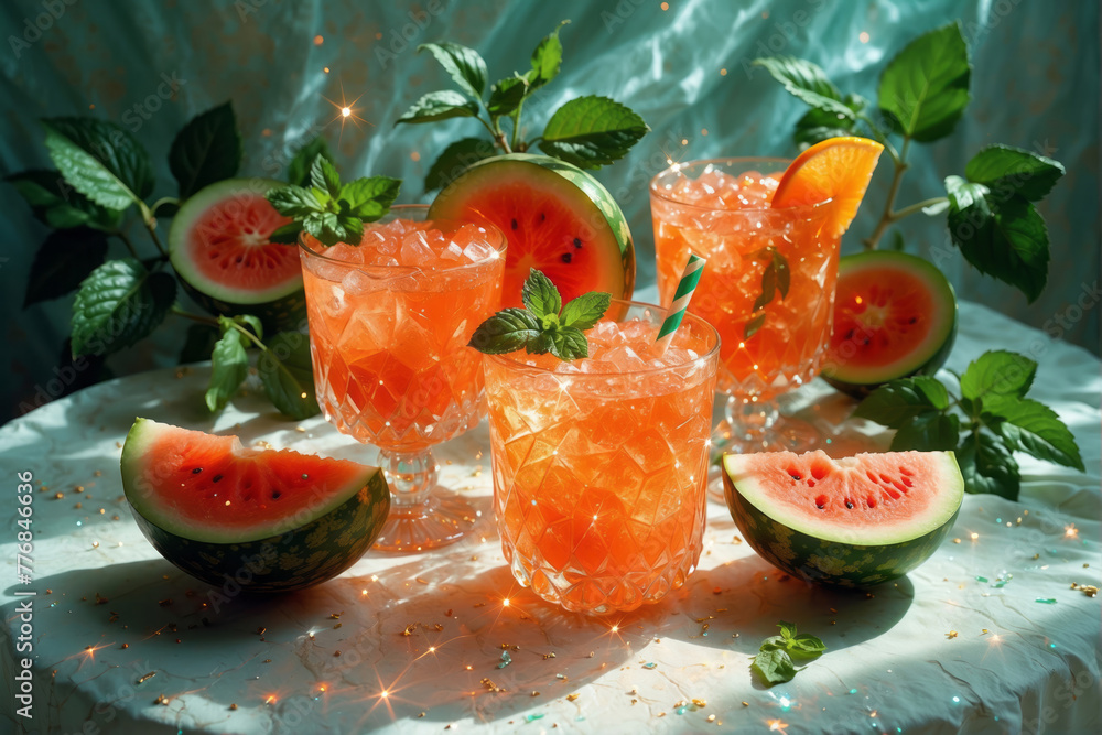 mocktail and vibrant watermelon slices with mint leaves, summer fresh drink, sparkling drink party - obrazy, fototapety, plakaty 