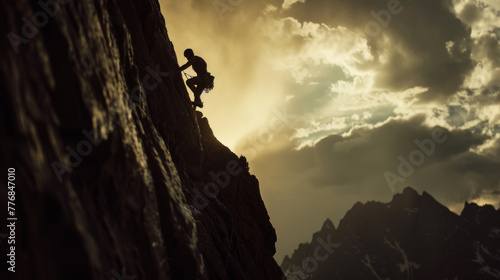 A single climber showcases human determination and bravery against nature's majesty, ascending a stark cliff as the sun sets, casting a dramatic silhouette