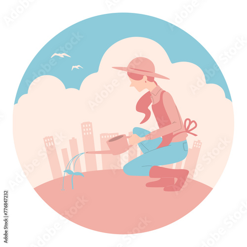 都会のビル群と植物を育てる女性のイラスト