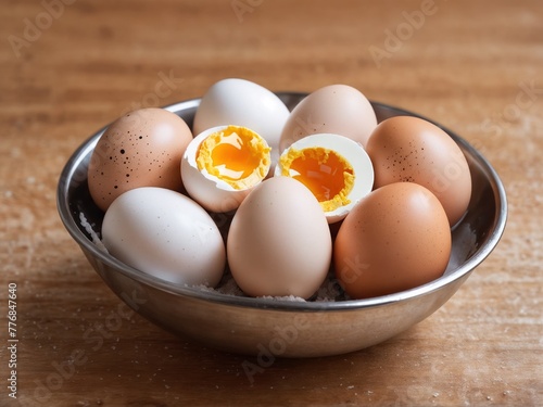 Perfectly boiled eggs, presented in a stainless steel bowl on a wooden table.