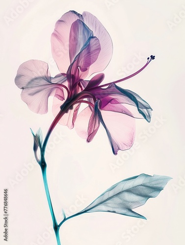 A single, vibranthued exotic flower against a stark, white background, its delicate details highlighted in a minimalist botanical illustration photo