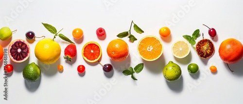 Abstract  minimalist composition of exotic fruits  bold colors against a stark white background