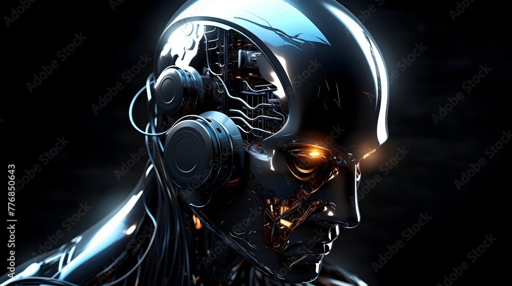 Futuristic Metallic Cyborg Figure in Computer Core Visualization