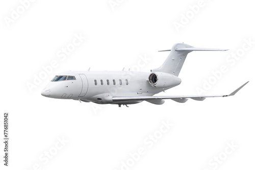 White modern corporate jet plane flying isolated