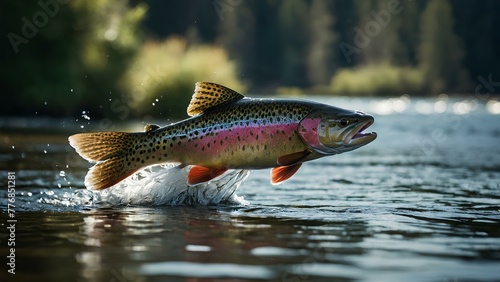 Soaring trout in the river 