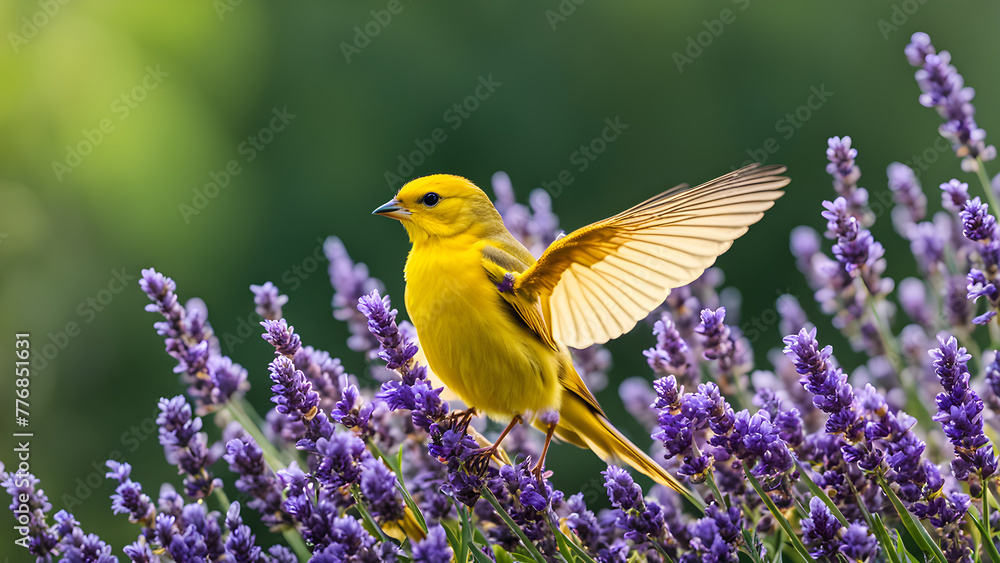 Yellow feathered canaries on tree branches, bird protection Yellow feathered canaries on tree branches, bird protection
