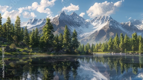 A tranquil mountain lake reflecting the rugged peaks that surround it, a serene mirror of nature's majesty.
