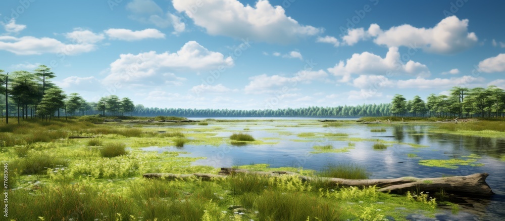 Fototapeta premium In a 3-dimensional illustration, a murky swamp is depicted with a tree trunk fallen in the front, creating a somber and eerie atmosphere