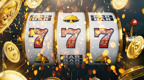 A vibrant slot machine displaying lucky sevens with golden coins and confetti, symbolizing a jackpot win.