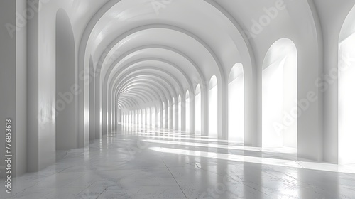 A bright and spacious white corridor with a series of arches and a reflective floor creates a minimalist and modern look.