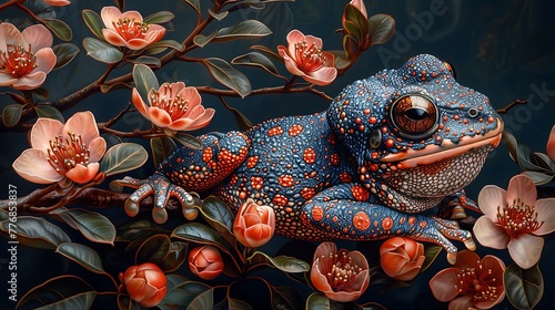 A vividly colored, digitally illustrated blue frog resting on a branch with orange flowers on a dark background. 