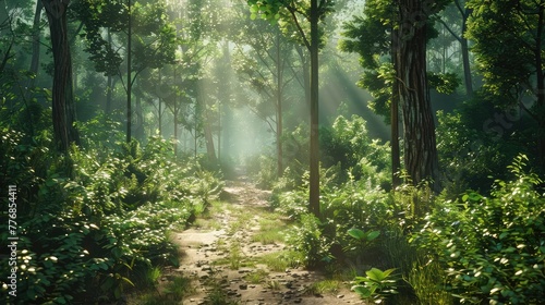 A tranquil outdoor running trail winding through lush forest scenery  with dappled sunlight filtering through the trees and providing the perfect backdrop for a rejuvenating workout.