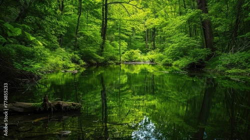 A tranquil pond nestled within a verdant forest  its surface reflecting the tranquil beauty of the surrounding landscape.