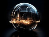 Illuminated Circuit Embellished Glass Sphere Showcasing a Futuristic Digital Metropolis Landscape