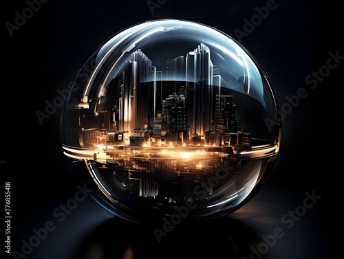 Illuminated Circuit Embellished Glass Sphere Showcasing a Futuristic Digital Metropolis Landscape